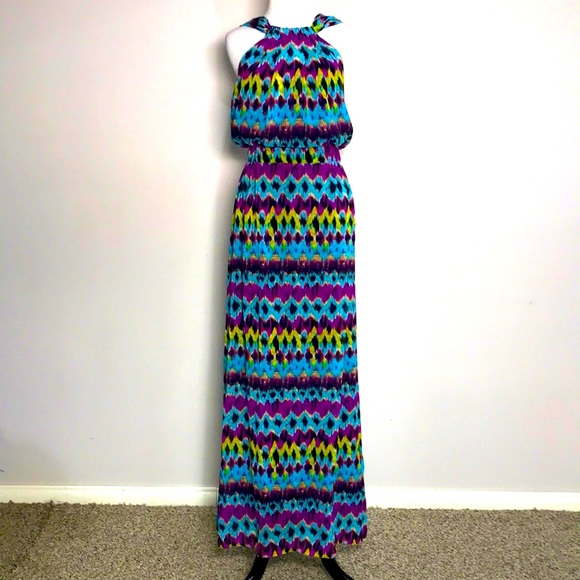 M60 Miss Sixty Women’s Blue & Purple Print Halter Maxi Dress Size 12 - Picture 1 of 7